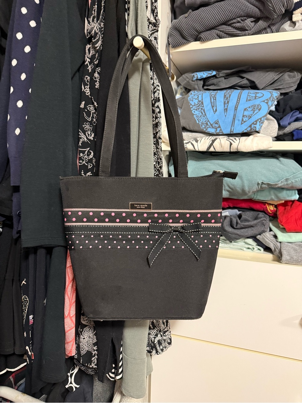 kate spade Black Tote with Pink Polka Dot Trim and Bow